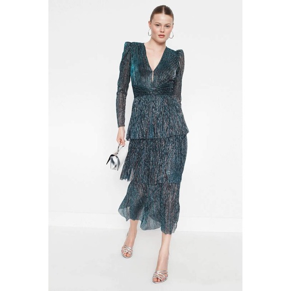 Sabina Musayev Dresses & Skirts - Sabina Musayev Pleated Carry Dress Teal Metallic Tiered Midi V-Neck XS